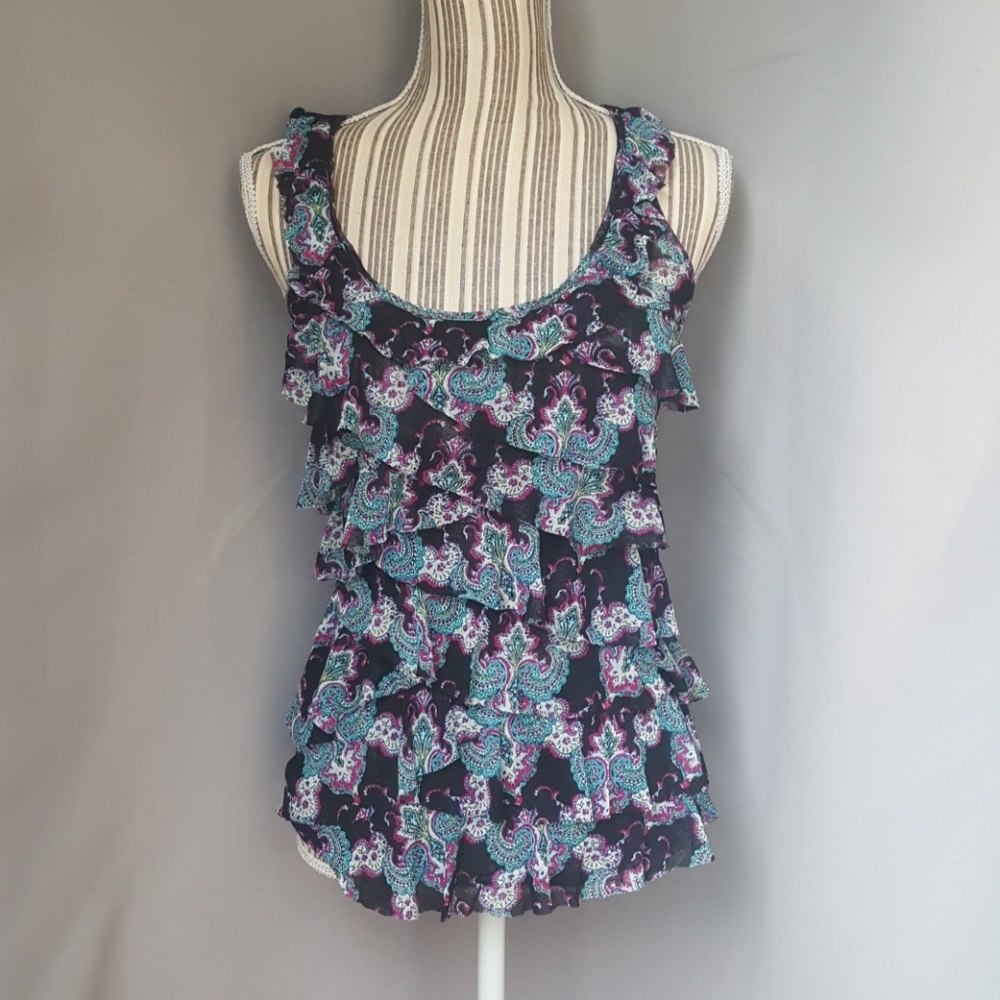 Express nylon paisley tank in purple, black, and t